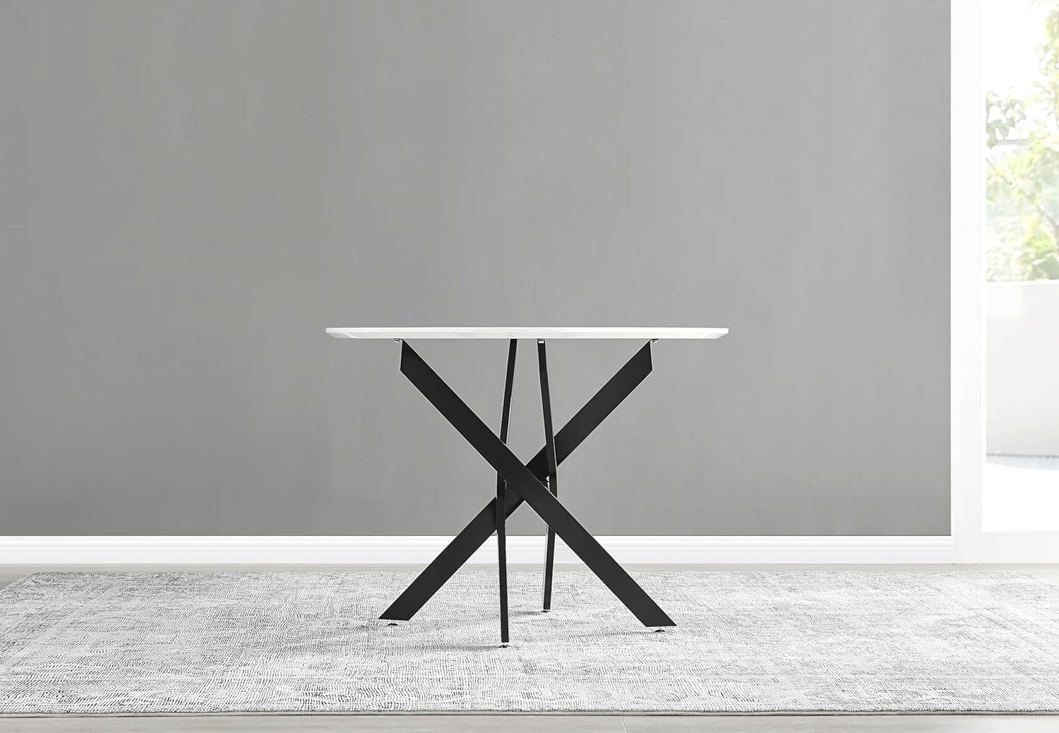 Round 100cm Marble Dining Table Gloss White Top + Black Metal Legs