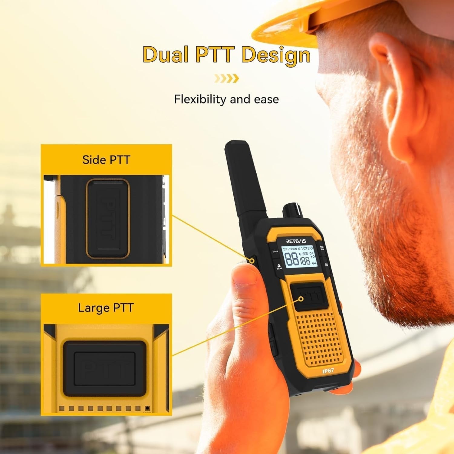 Waterproof Heavy Duty Walkie Talkies IP67 Dual PTT 2000mAh 4 Pack