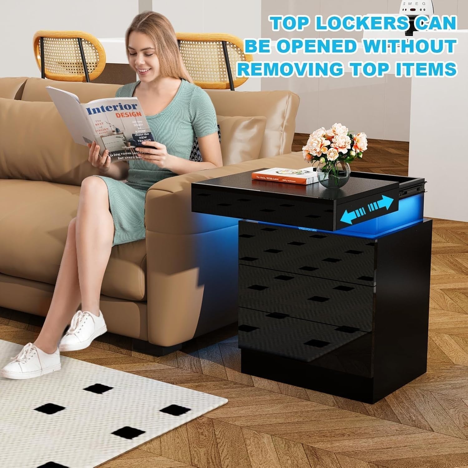 Modern LED Bedside Table with USB Charging, 3 Drawers, Hidden Storage