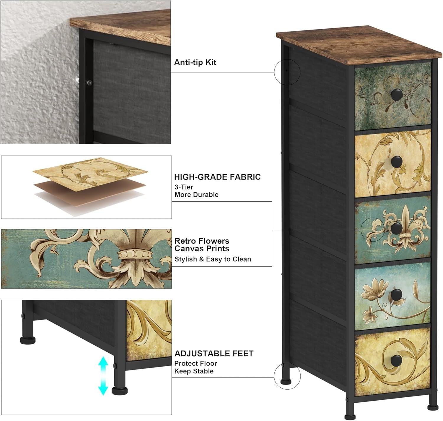 Slim 5 Drawer Tall Storage Cabinet Rustic Boho Unit Bedroom Hallway