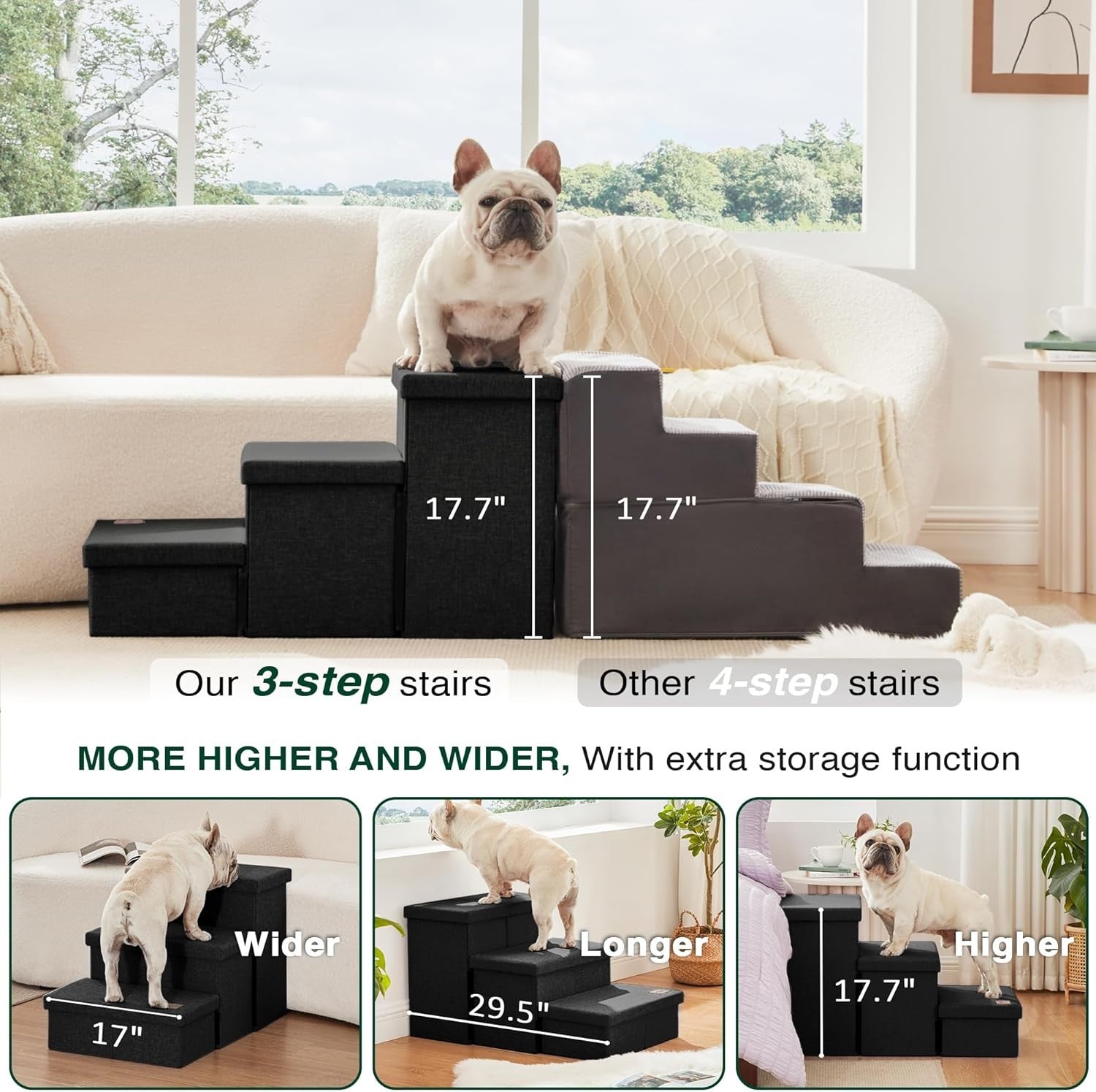 Dog Stairs 3 Step with Storage 18" High Foldable Pet Steps Black