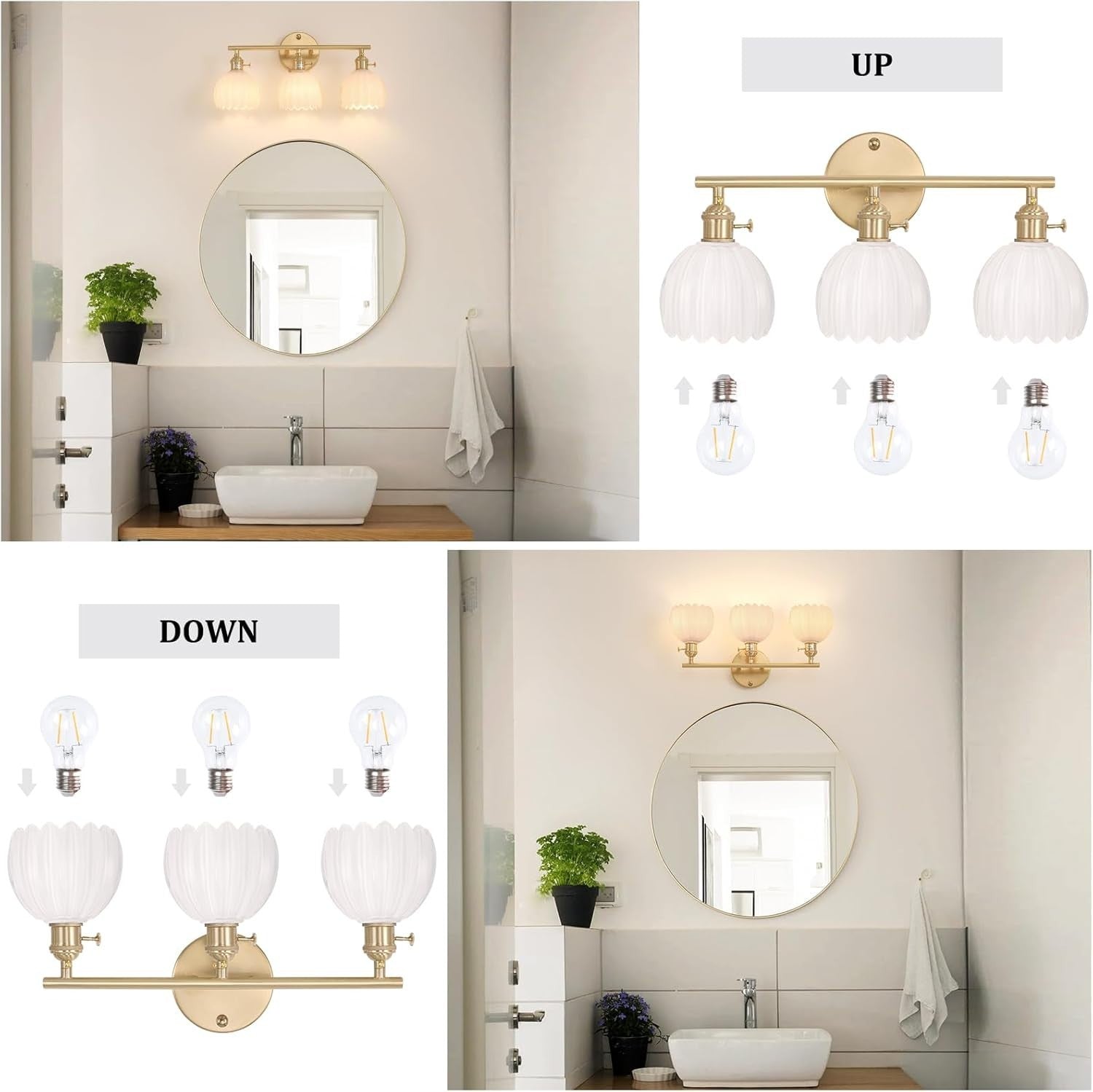 3-Light White Glass Wall Sconce Vanity Light Brass Fixture Bathroom Mirror