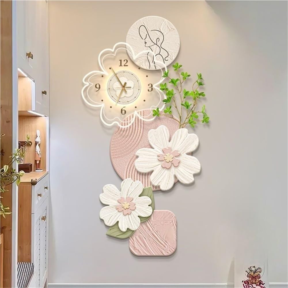 Large Floral Wall Clock Modern Acrylic Decor with LED Light Silent Design