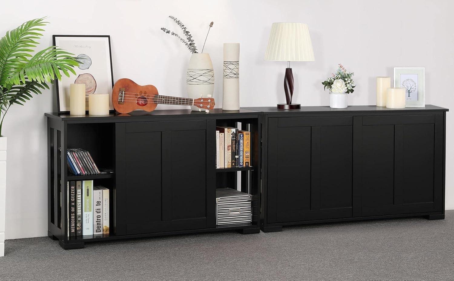 Set of 2 Black Sideboard Buffet Cabinets | Sliding Door Storage Units with Shelv