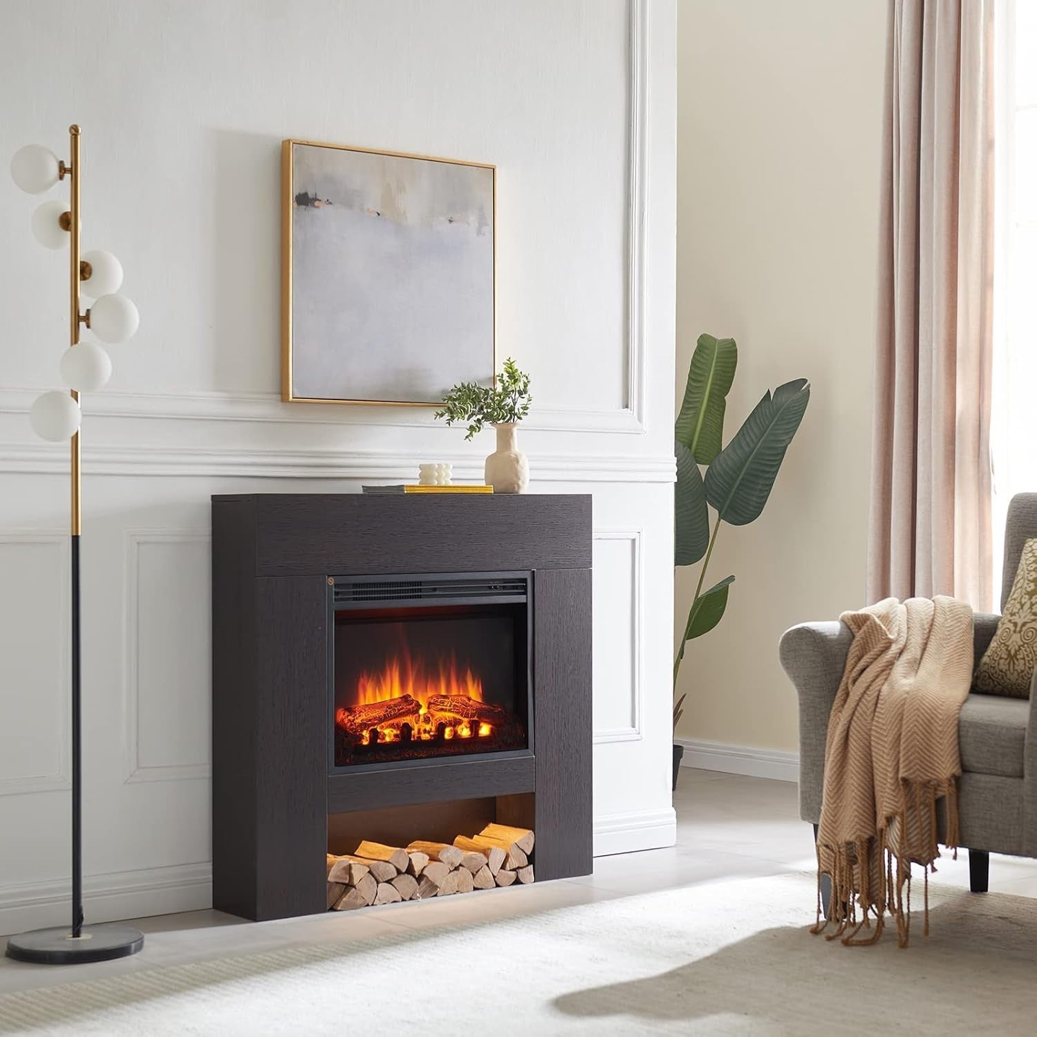 Electric Fireplace Heater 2000W with Realistic Flame Effect & Remote Control
