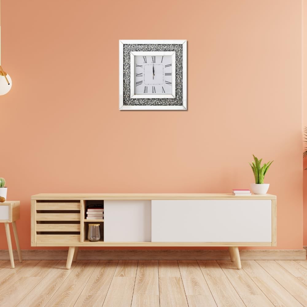 Luxury Diamante Mirror Wall Clock 35x35cm Silver Roman Numeral Silent Square