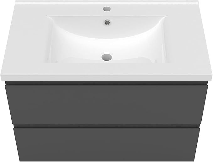 800mm Grey Wall Hung Bathroom Vanity Unit with Basin Sink 2 Drawer Storage