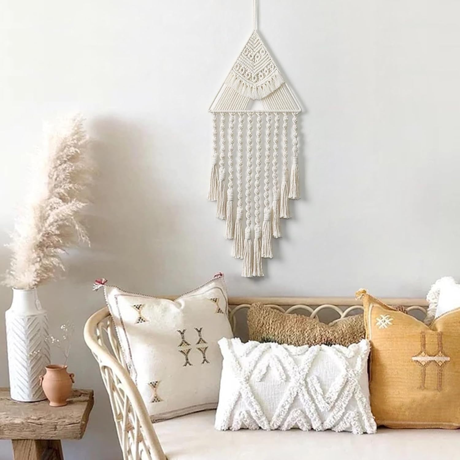 Beige Triangle Macrame Wall Hanging 27" Cotton Tassel Tapestry