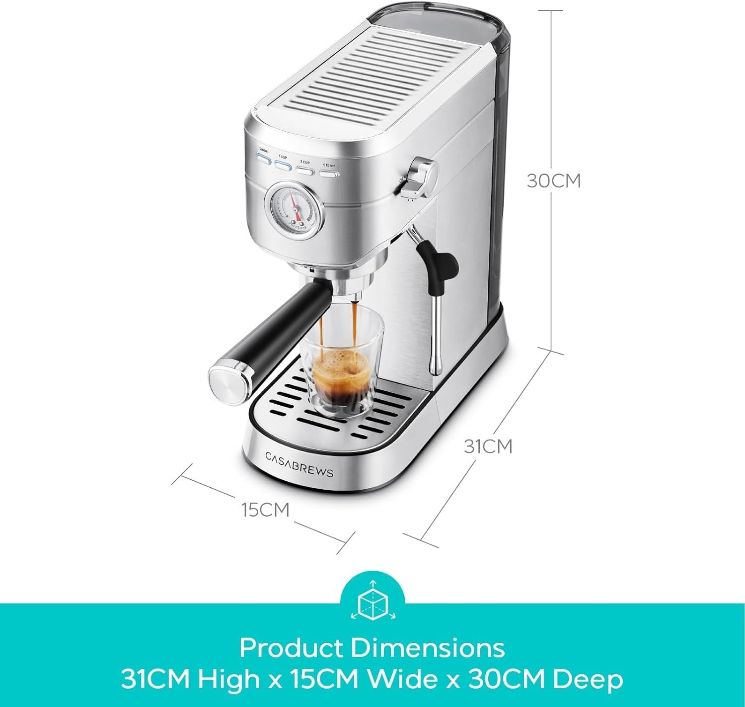 20 Bar Espresso Coffee Machine with Milk Frother, 1L Stainless Steel