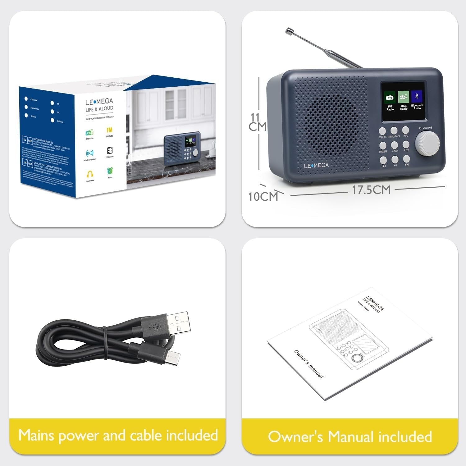 Portable DAB/DAB+ Bluetooth Radio FM USB Dual Alarm Colour Display