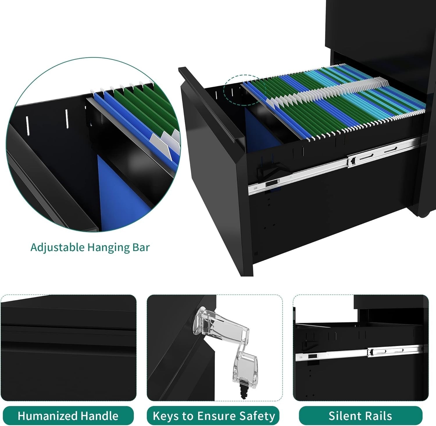 Black Mobile File Cabinet 46x39x62cm Lockable 3 Drawer Steel