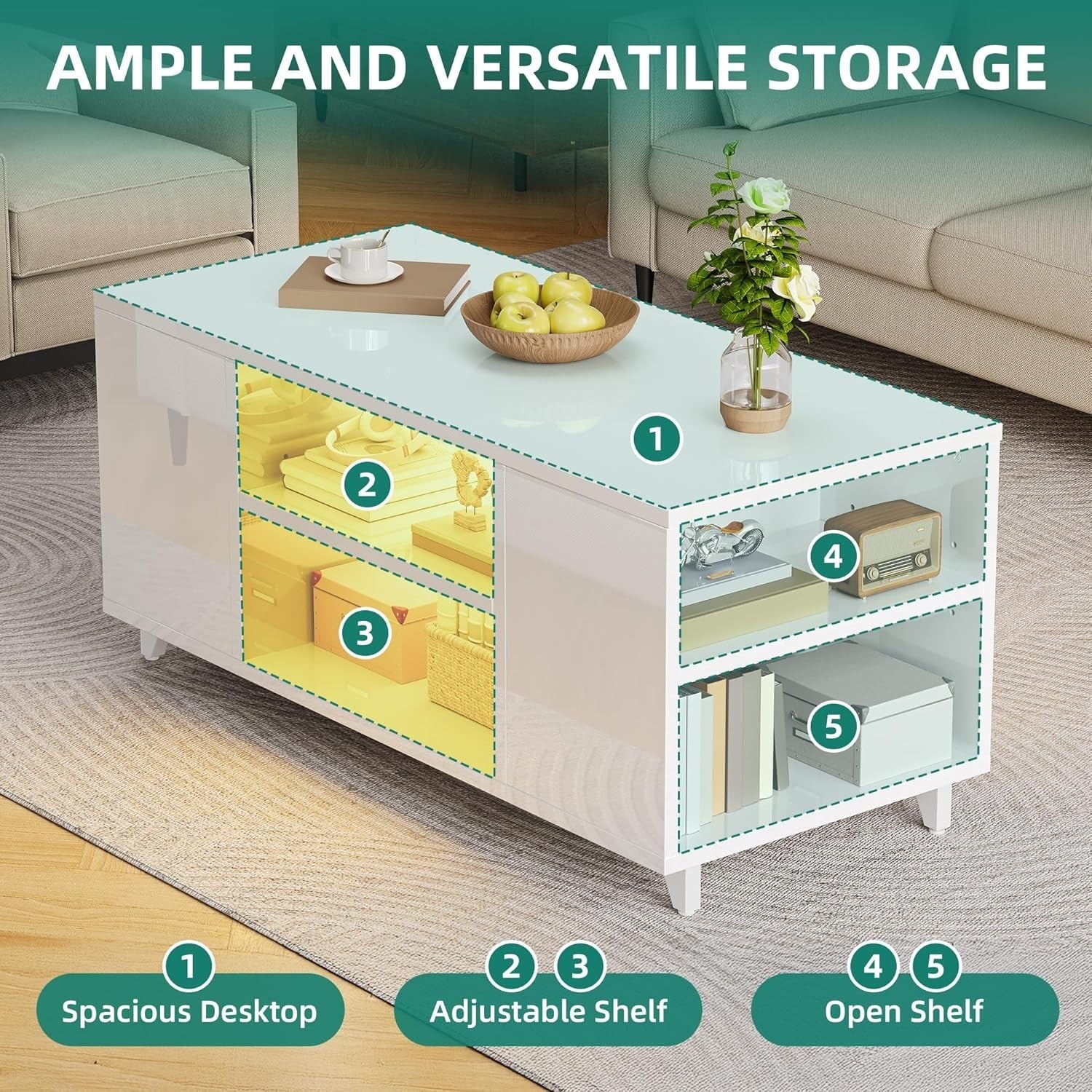 White High Gloss LED Coffee Table with Adjustable Storage, 97.5x48cm