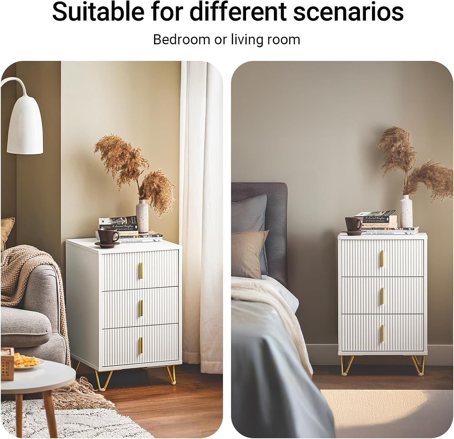 Modern White Bedside Table with 3 Drawers – Gold Legs Bedroom Cabinet