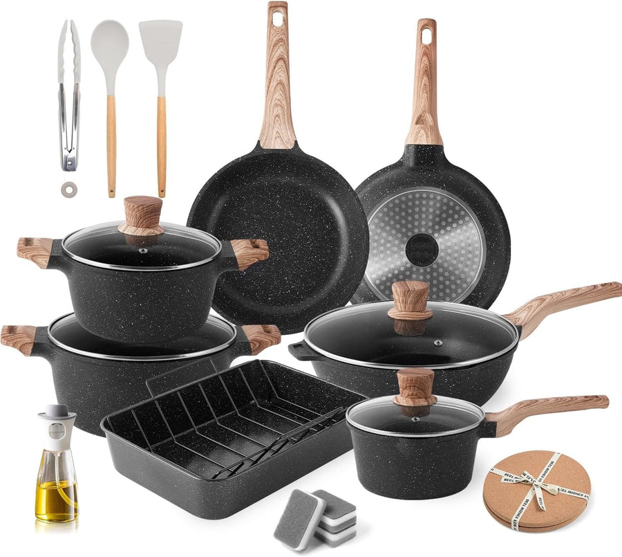 11Pcs Black Non Stick Cookware Set with Roasting Pan & Lids Induction Safe