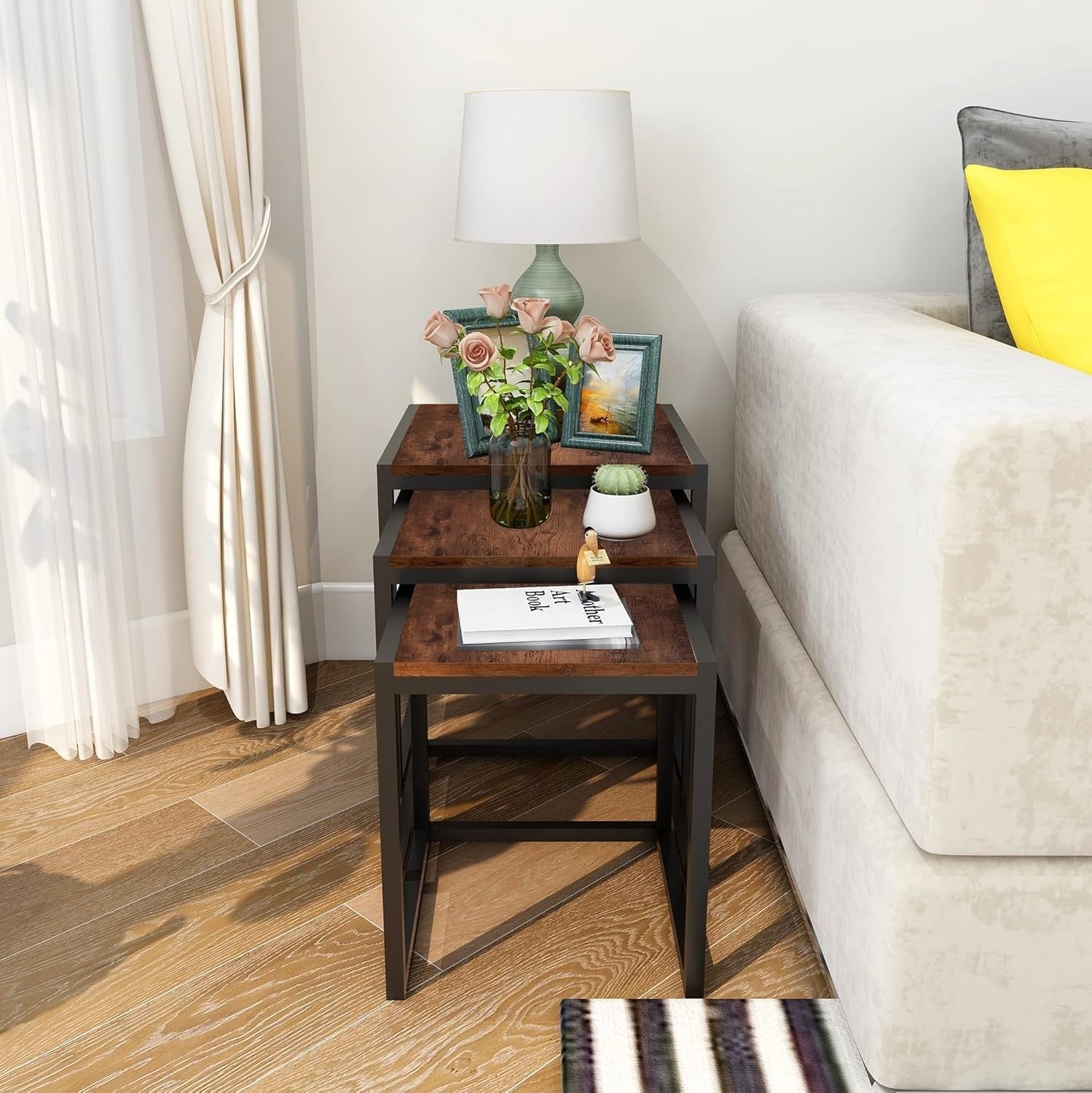Space Saving Nesting Coffee Tables Set of 3 Metal Frame Brown Living Room