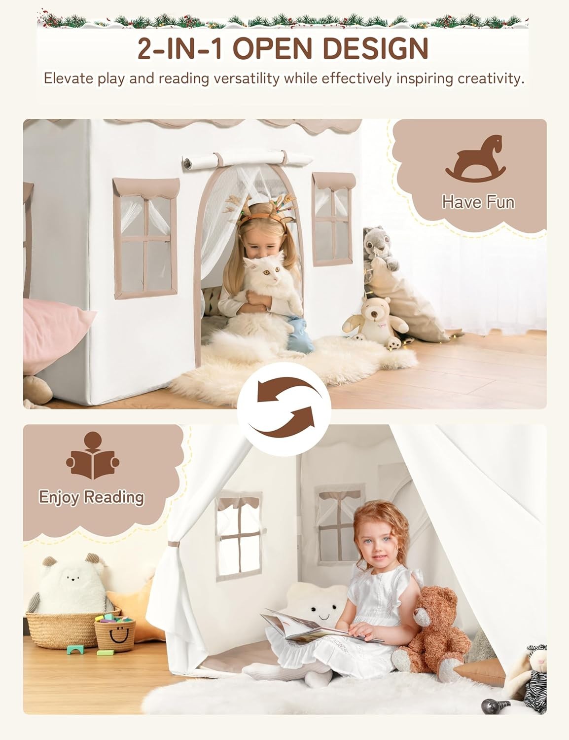 Kids Indoor Castle Tent Bed Canopy with Lights Padded Playhouse Brown