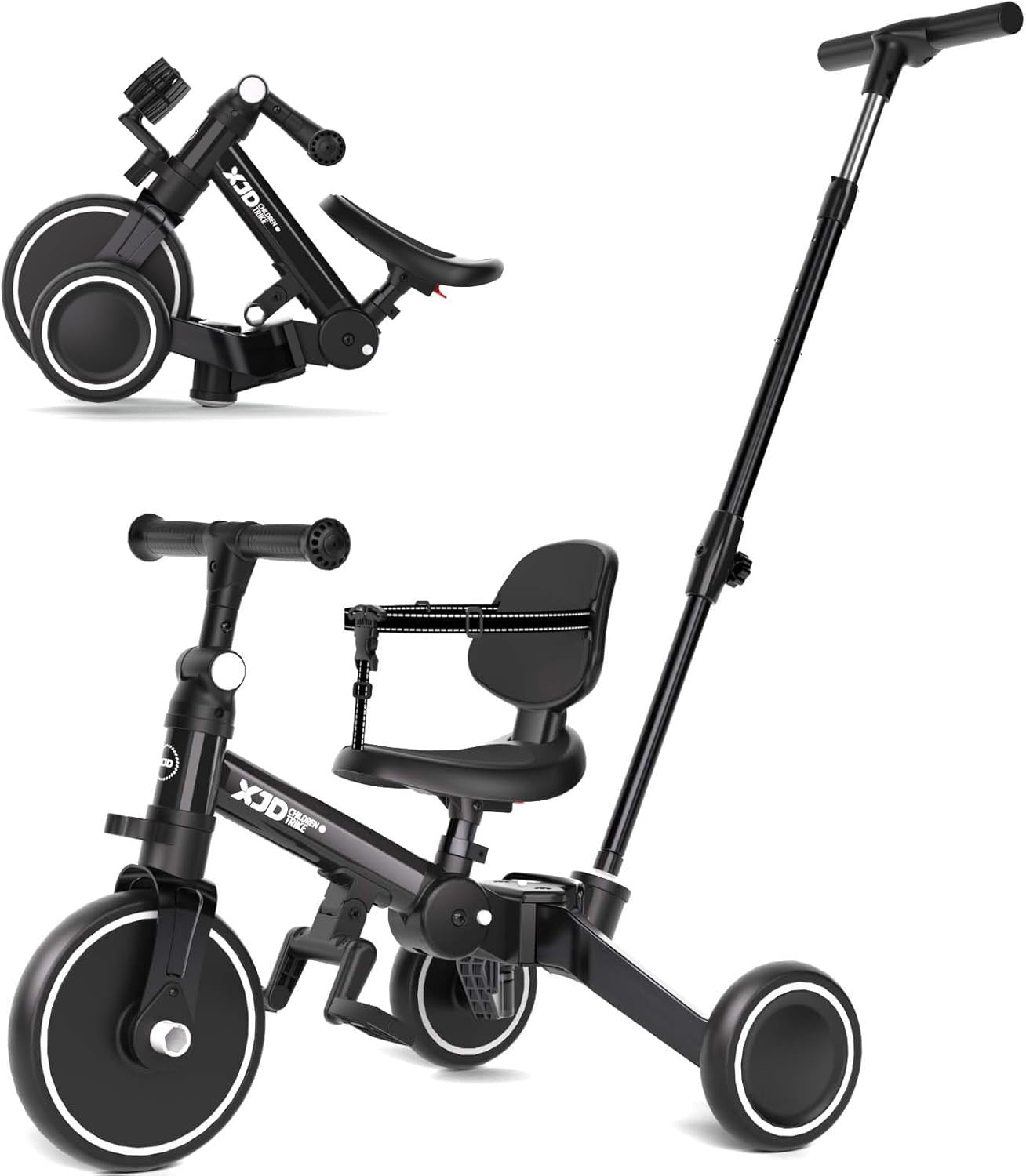 6 in 1 Foldable Toddler Tricycle Push Bike Adjustable Handle Black 1-4Y