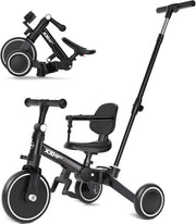 6 in 1 Foldable Toddler Tricycle Push Bike Adjustable Handle Black 1-4Y