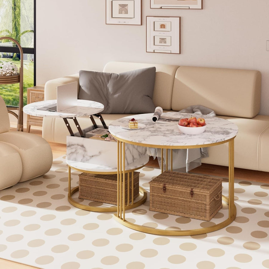 Marble Nesting Coffee Table Set, Lift-Top Hidden Storage, Round End Tables
