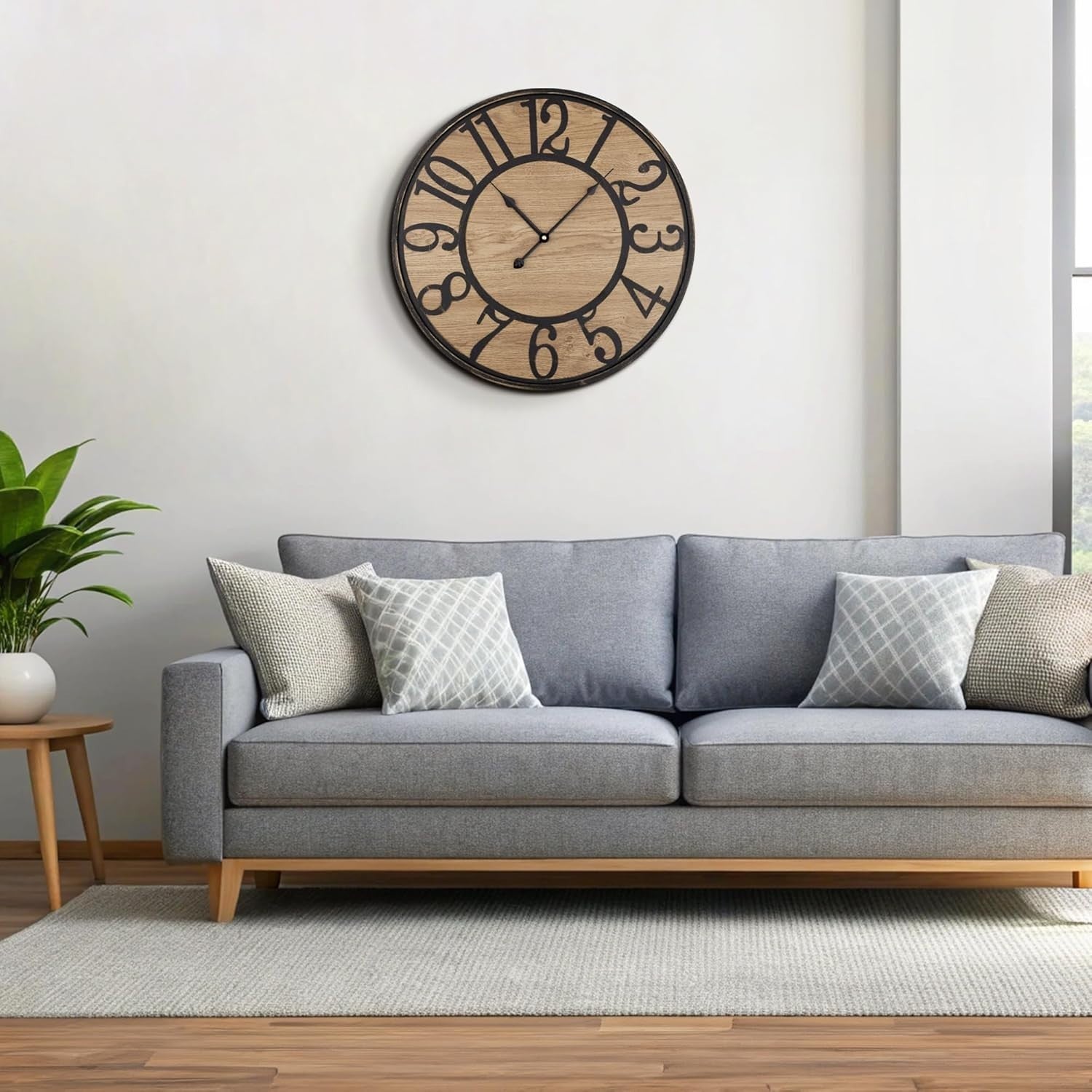 Rustic Wall Clock 20" Silent Wood Metal Bronze Large Farmhouse Decor