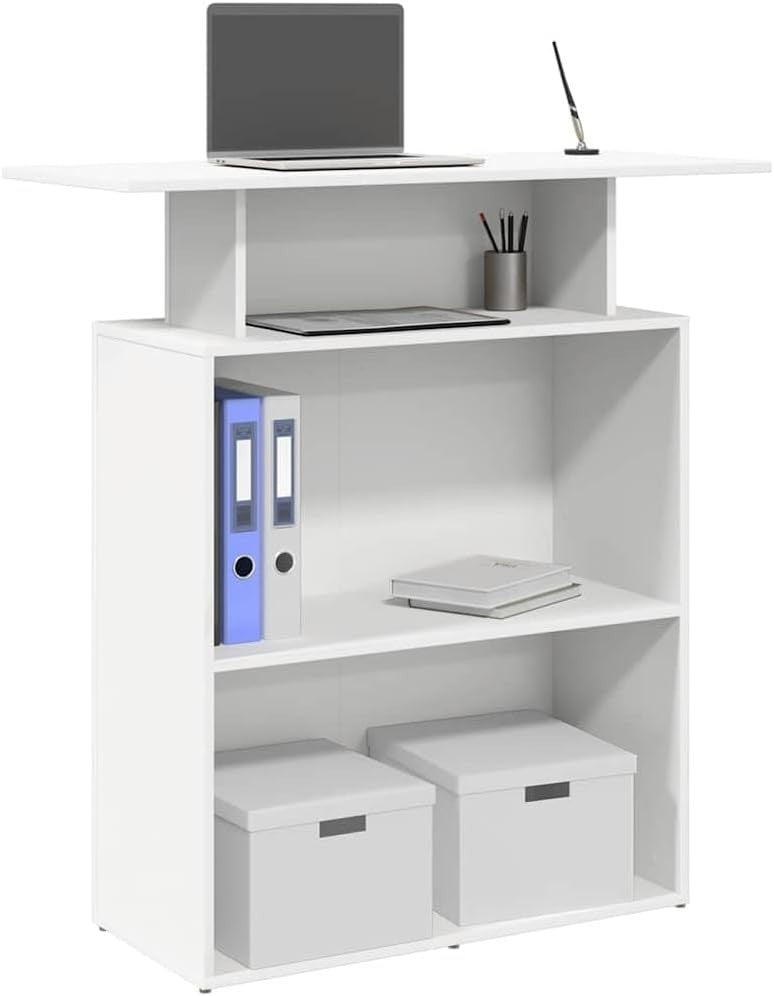 White Reception Desk 100x40x104cm Modern Office Counter with Storage Shelf