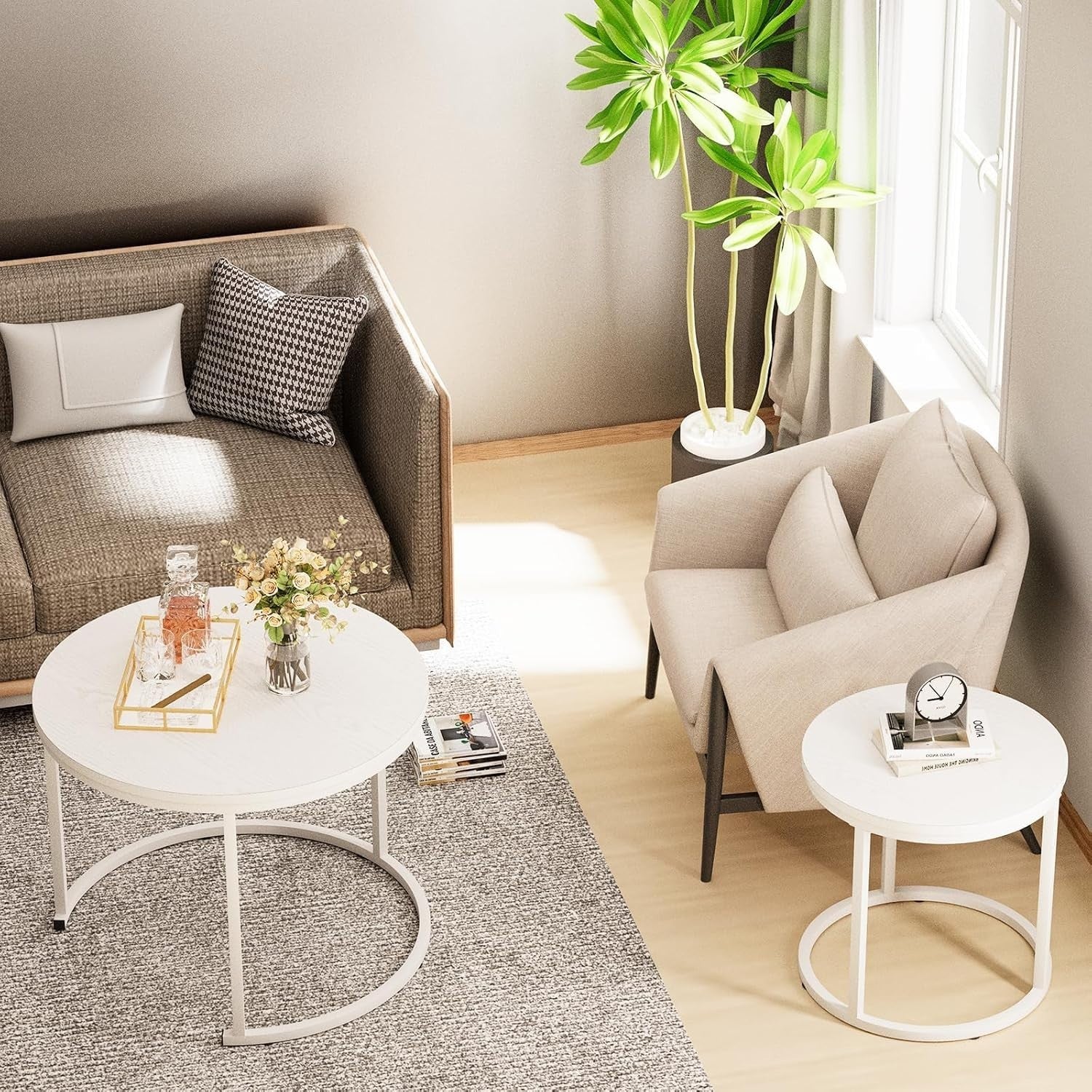 2pcs White Round Nesting Coffee Table Set Wood Metal Frame Living Room Side End