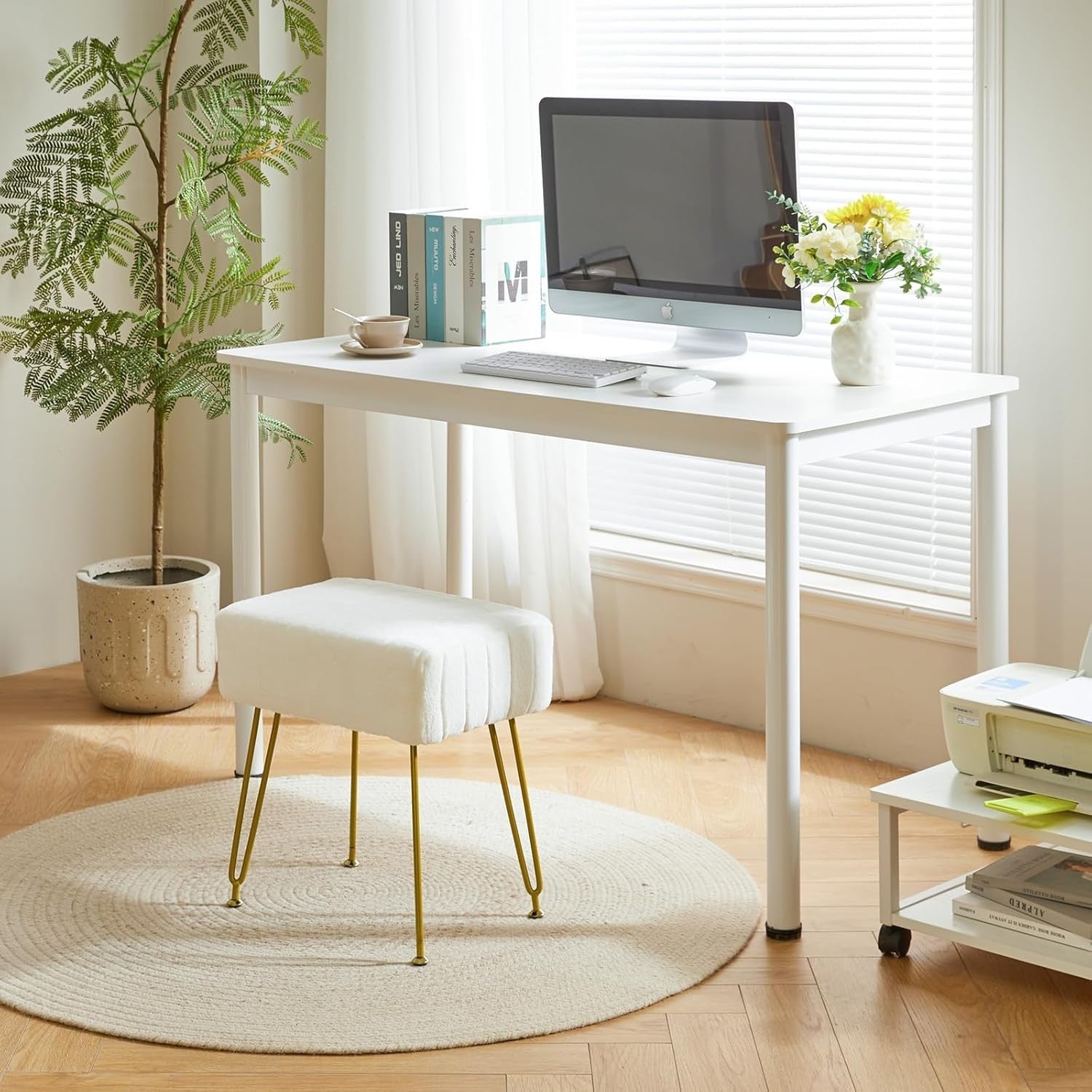White Velvet Rectangular Footrest Ottoman – Vanity Stool with Gold Legs