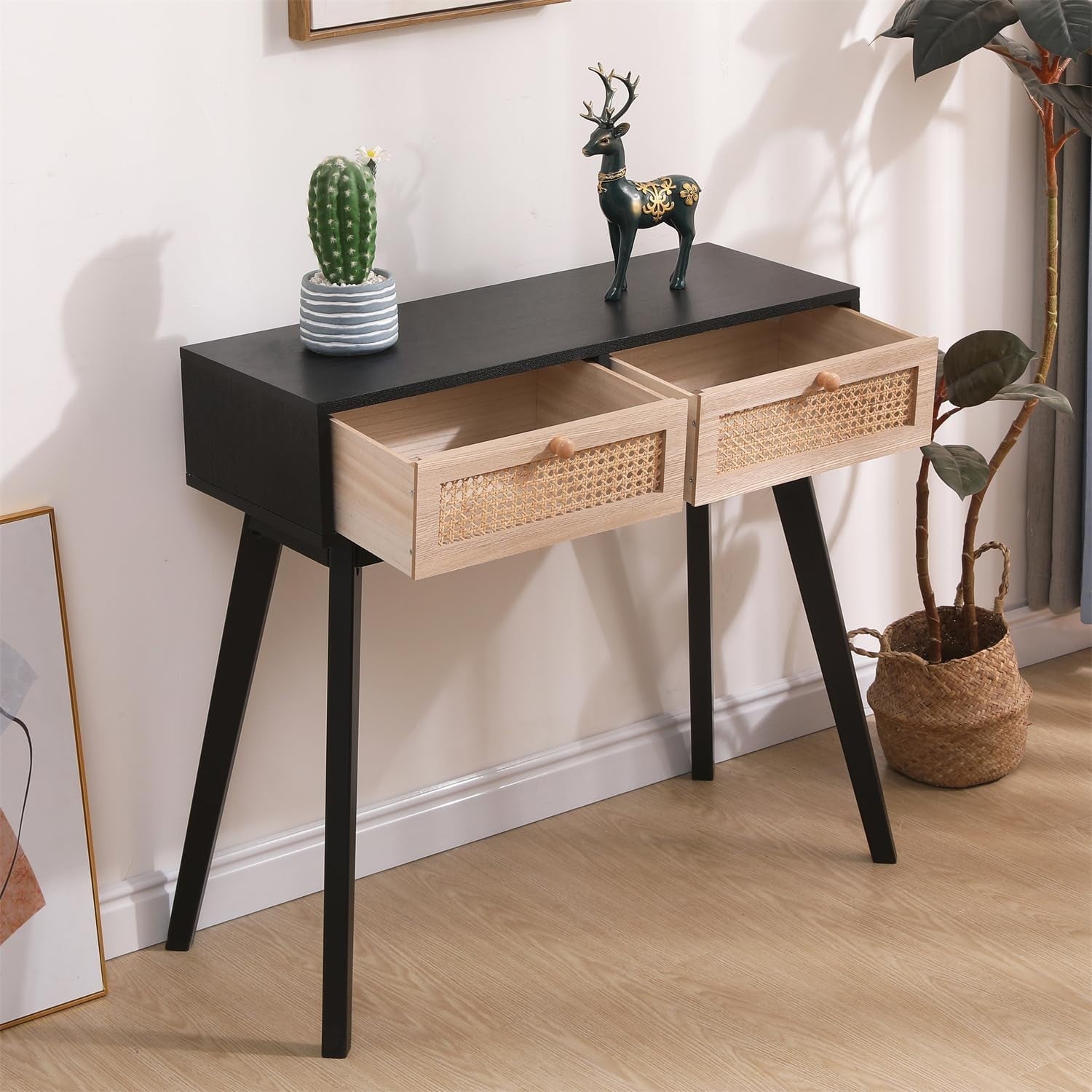 Modern Console Table with 2 Rattan Drawers | Stylish Hallway & Office Storage