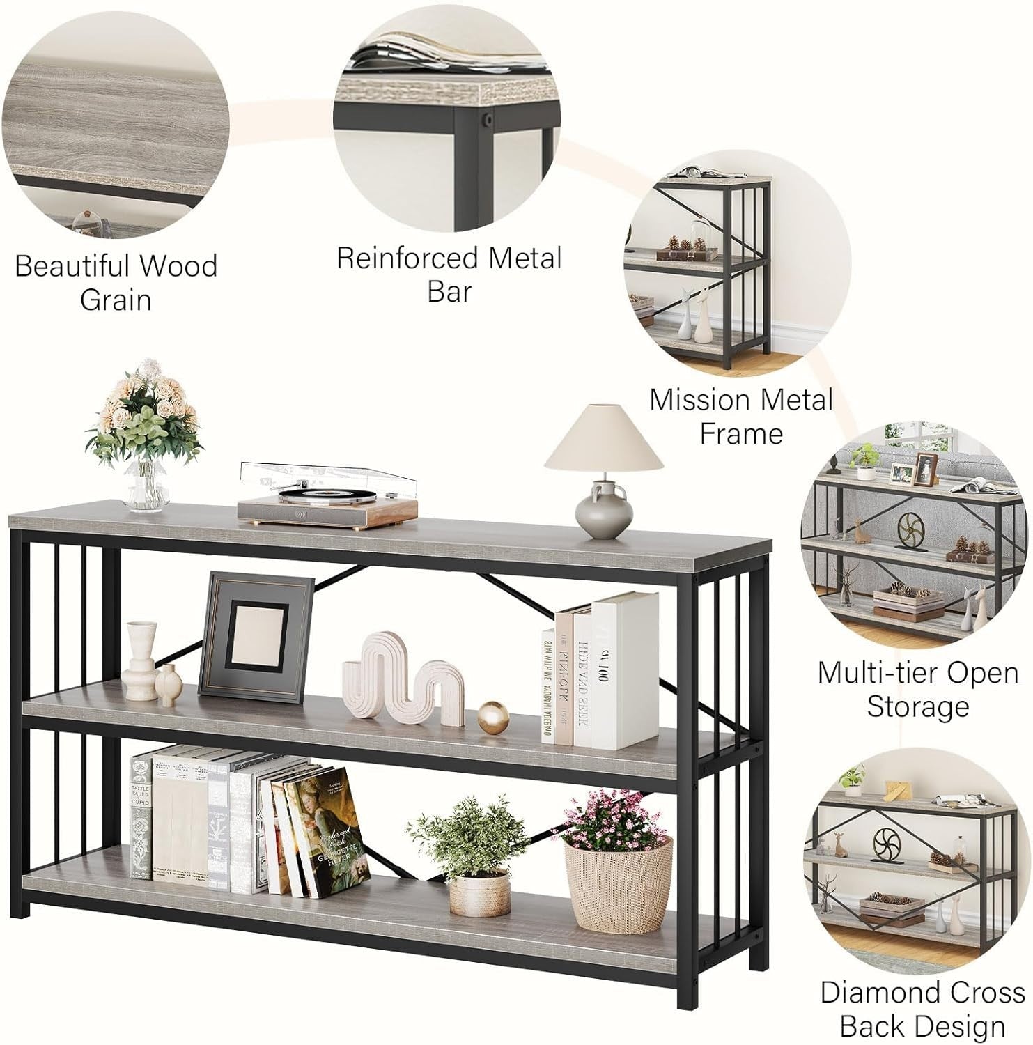 Industrial Console Table 3-Tier Storage, Metal Frame, Rustic Entryway Shelf, 140
