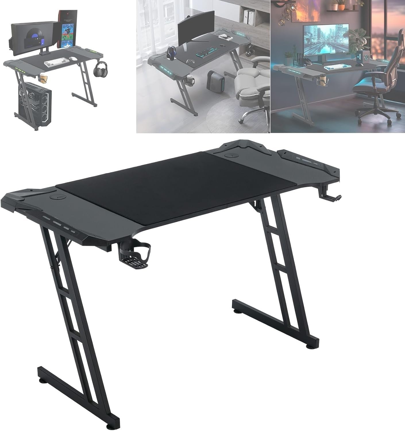 Gaming Desk w/LED, 120×60cm Carbon Fiber Computer Table, Black Z-Frame