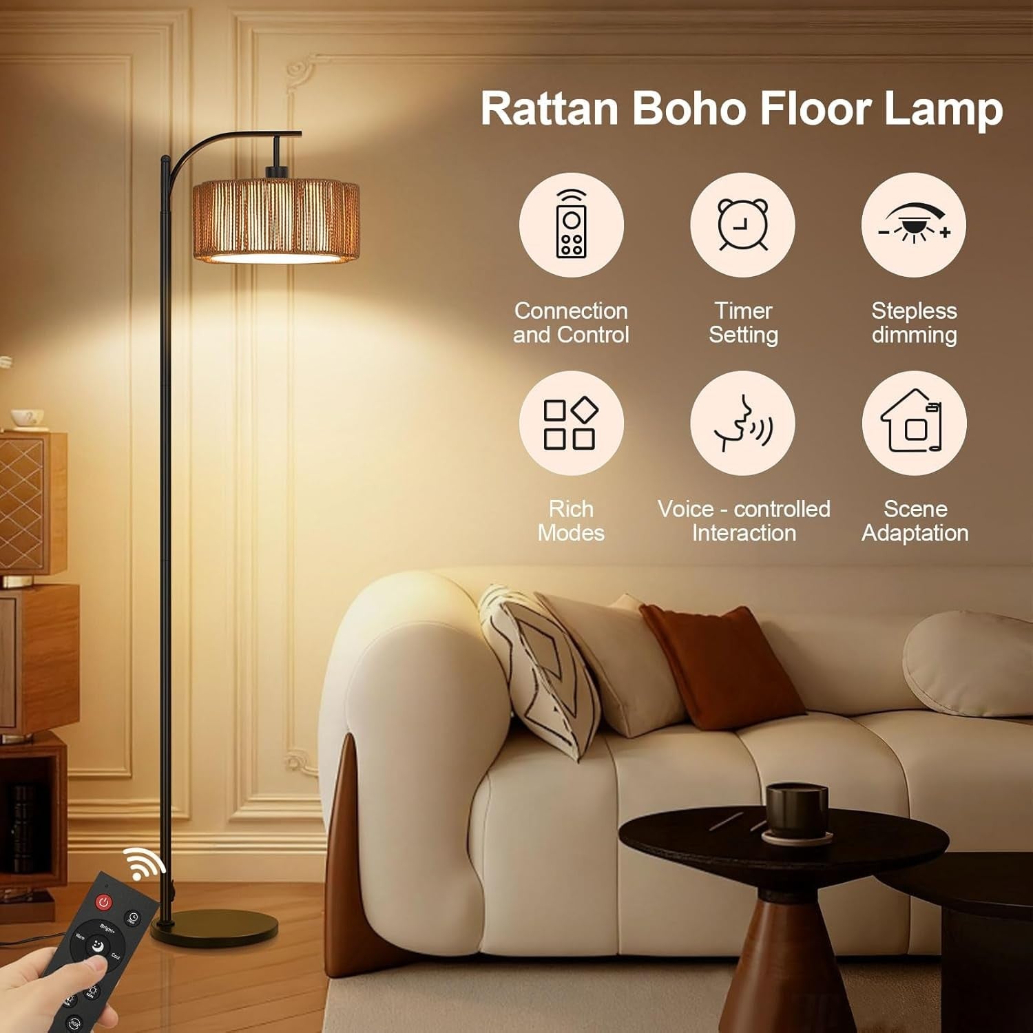RGB Dimmable Floor Lamp Remote App Control Rattan Shade Music Sync E27