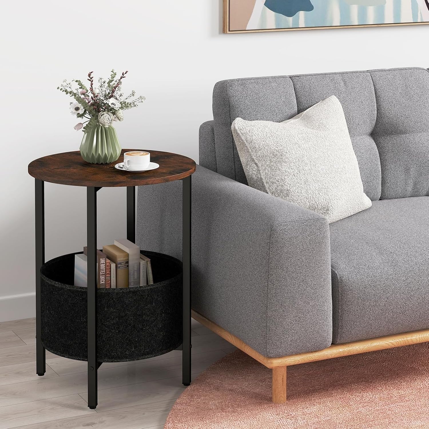 Round Rustic Bedside Table with Fabric Storage Basket & Metal Frame – 2-Tier Sid
