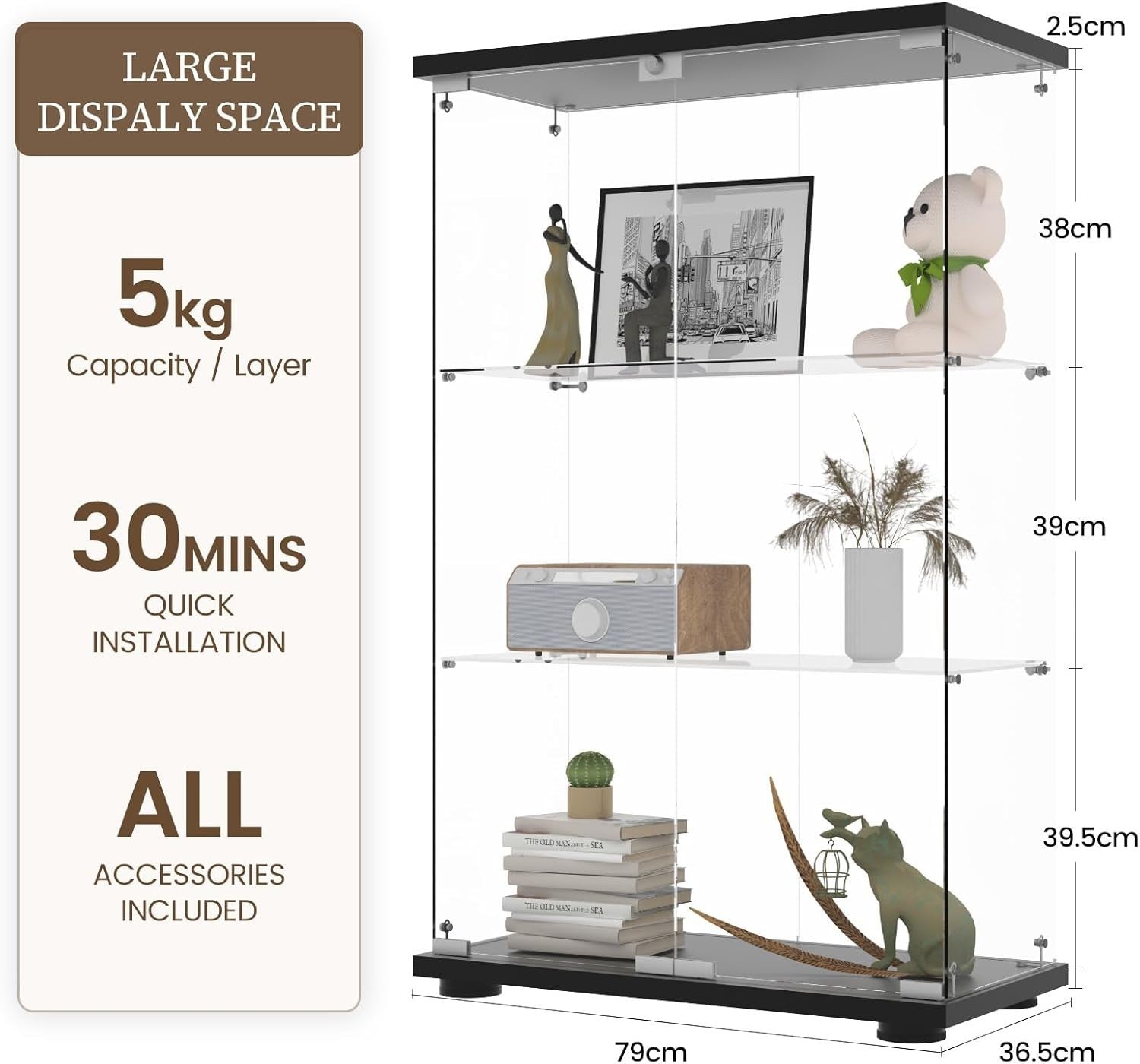 Tempered Glass Display Cabinet 49" Double Door Storage with Lock