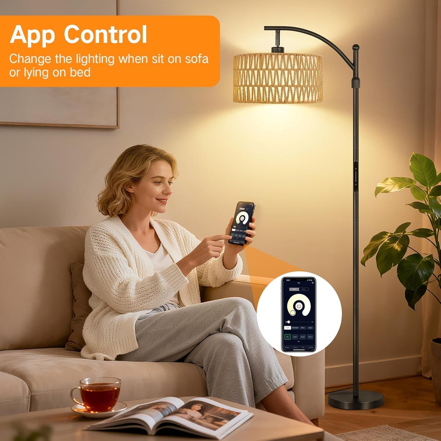 Boho Floor Lamp Rattan Linen Double Shade Dimmable Touch Remote Adjustable