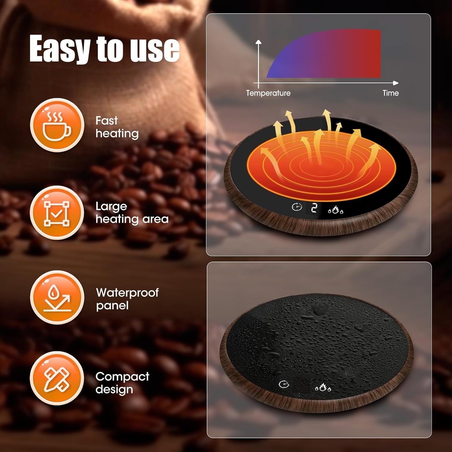 Smart Coffee Mug Warmer – Touch Control, LED Display, Wood Brown