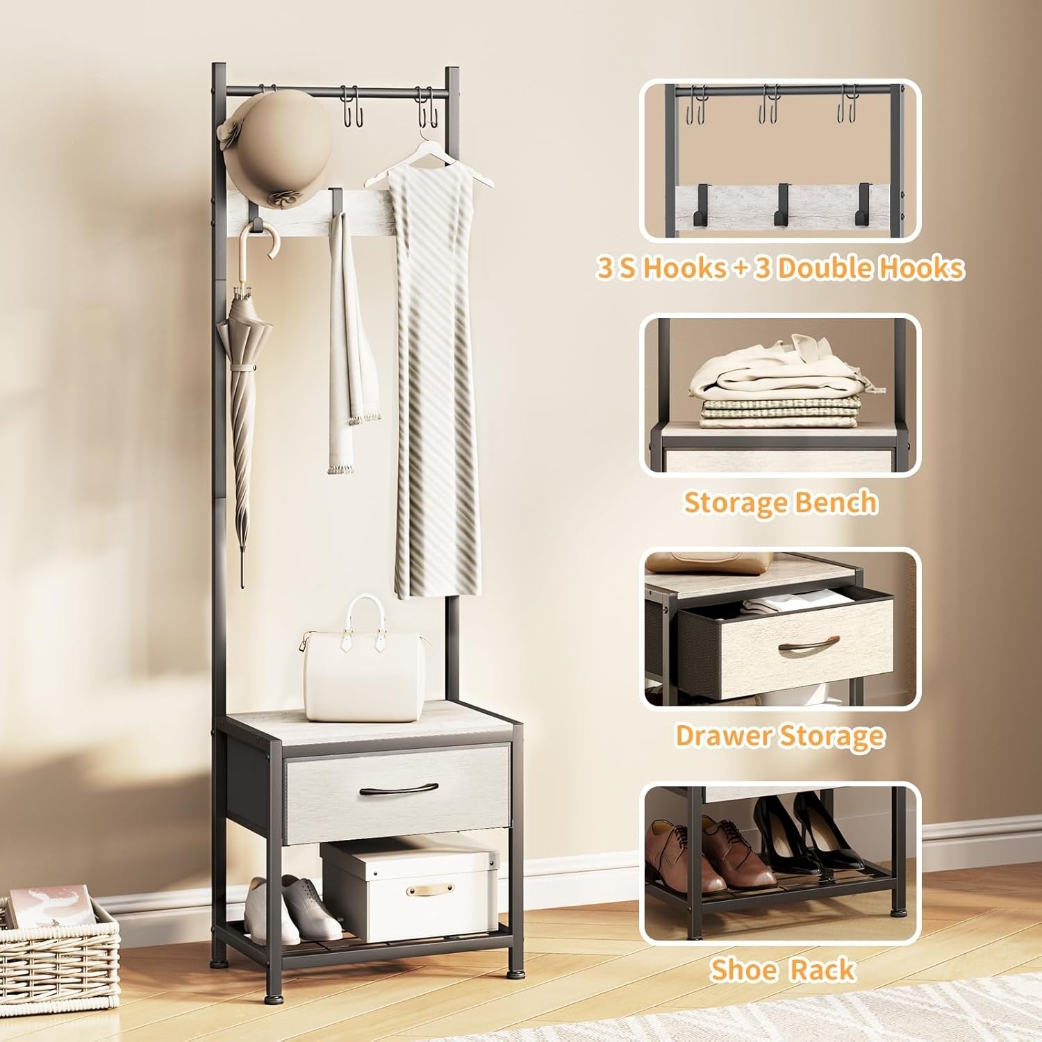 Narrow Coat Rack with Drawer & Shoe Bench | Greige Industrial Hall Stand