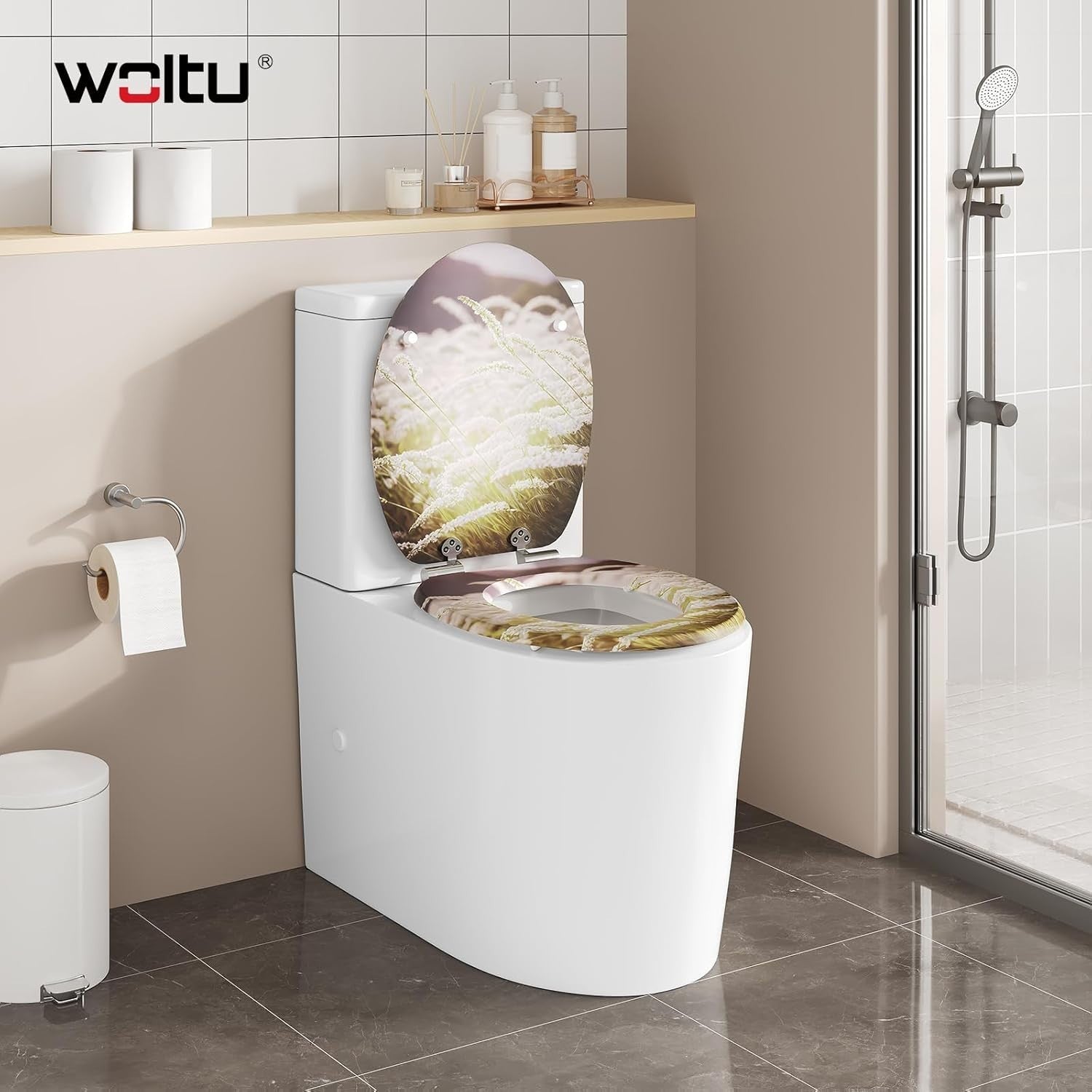 O-Shaped Toilet Seat Soft Close Adjustable Hinges Reeds Pattern MDF