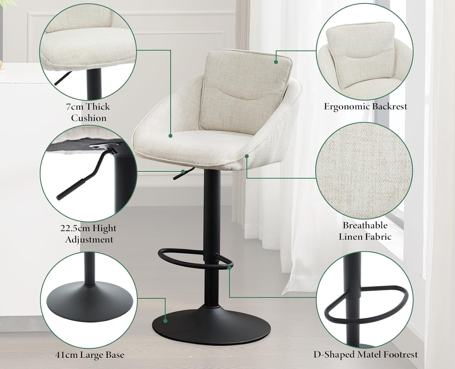 Adjustable Swivel Bar Stools Set of 2 | Linen Seat, Metal Base, Modern
