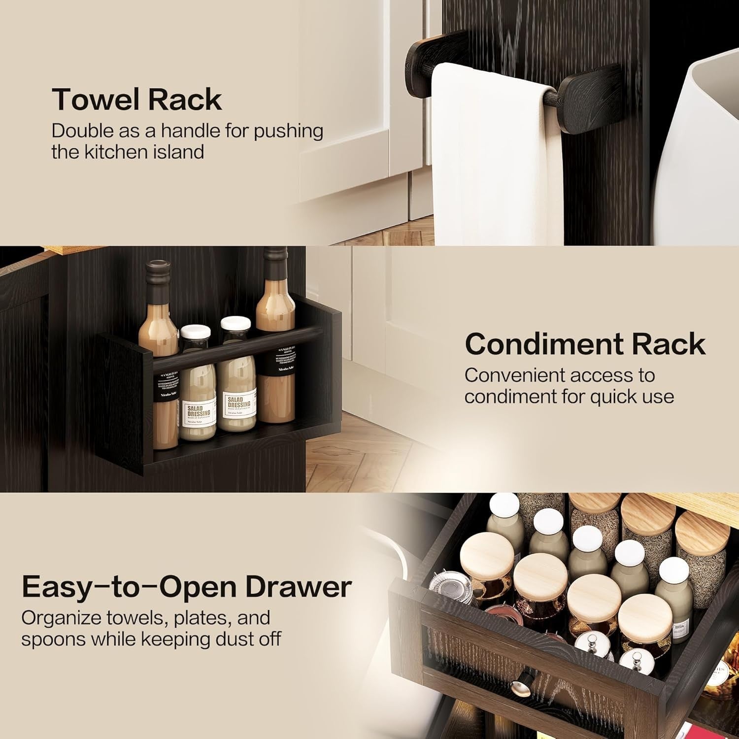 Rolling Kitchen Island Cart with Drop-Leaf, Trash Storage & Spice Rack