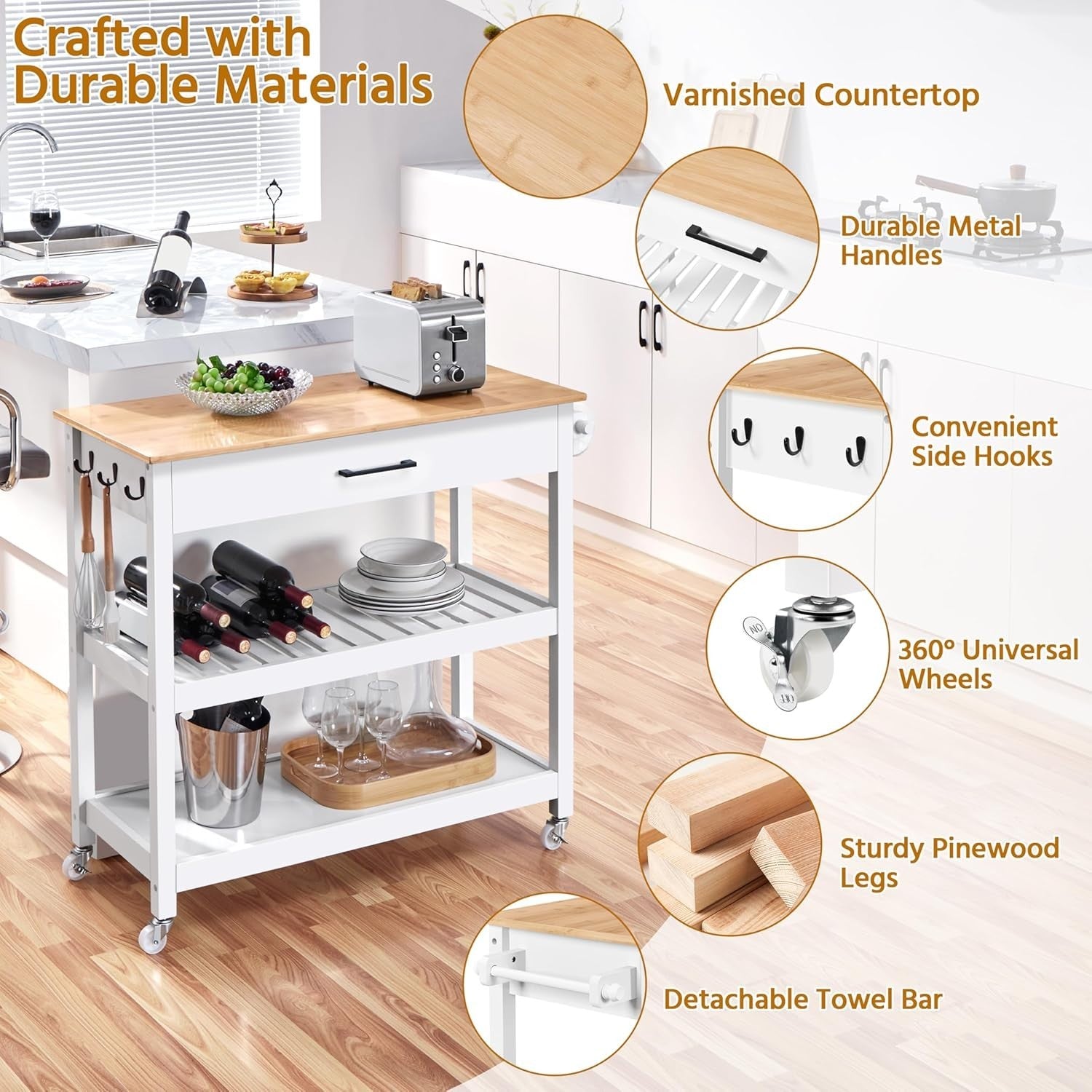 White Rolling Kitchen Island Cart with Bamboo Worktop, Drawer & Towel Rack