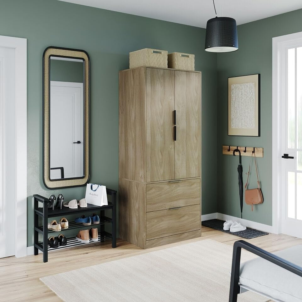 Tall Oak Bedroom Wardrobe 2 Door 2 Drawer Storage Hanging Rail Unit