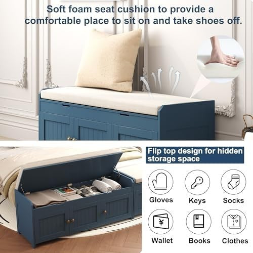 Blue Shoe Storage Bench with Cushion Seat 3-Door Cabinet & Hidden Compartment