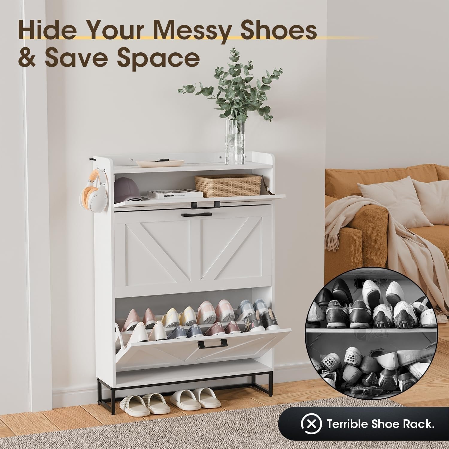 Narrow Shoe Cabinet with 3 Flip Drawers & Adjustable Shelves – Large Storage