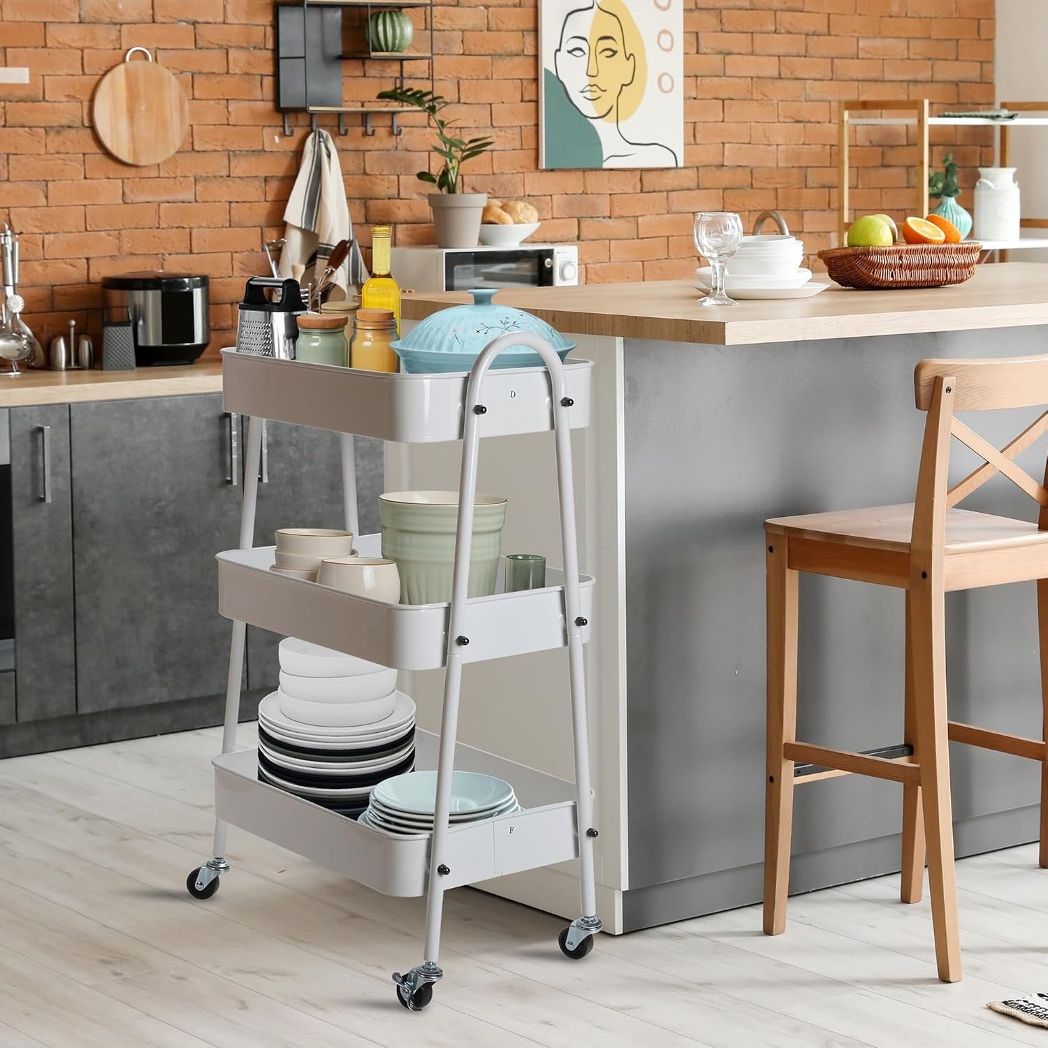 3 Tier Storage Trolley on Wheels Slim Rolling Metal Cart Lockable Castors