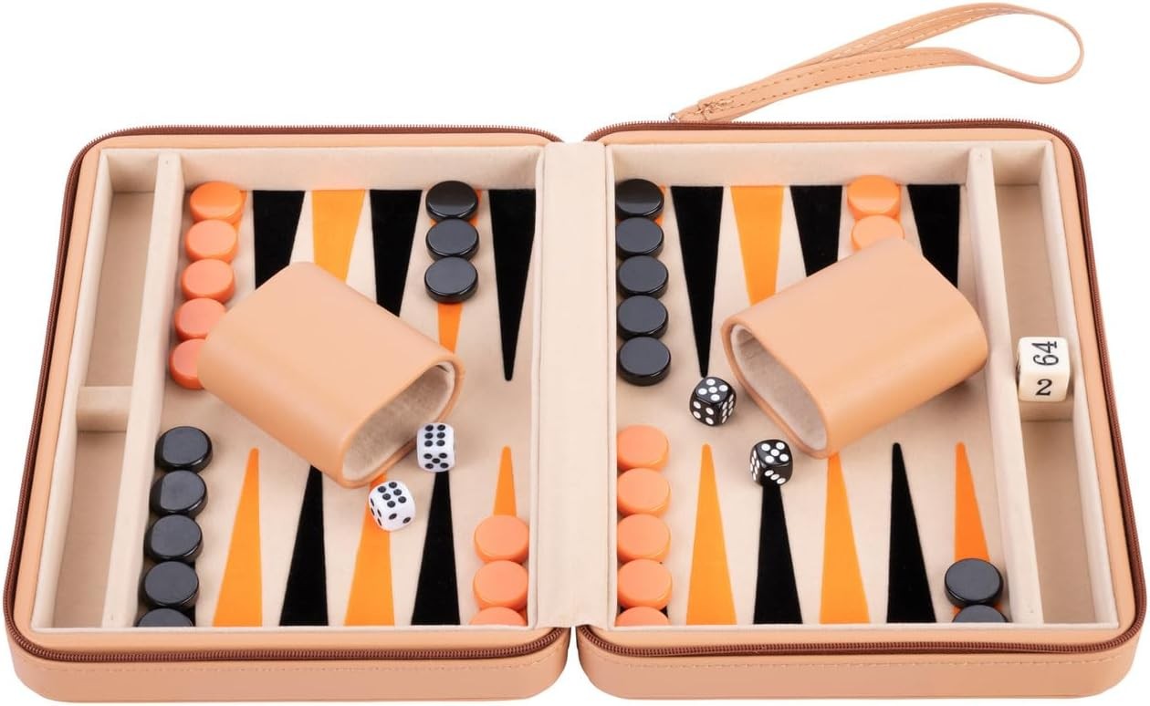 Travel Backgammon Set 9in Deluxe Faux Leather Zip Case Portable Game
