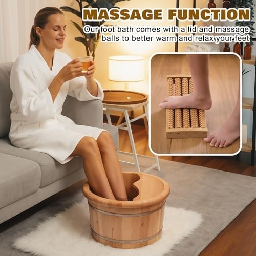 Wooden Foot Bath Bucket with Massage Roller Insulated Deep Soak Spa