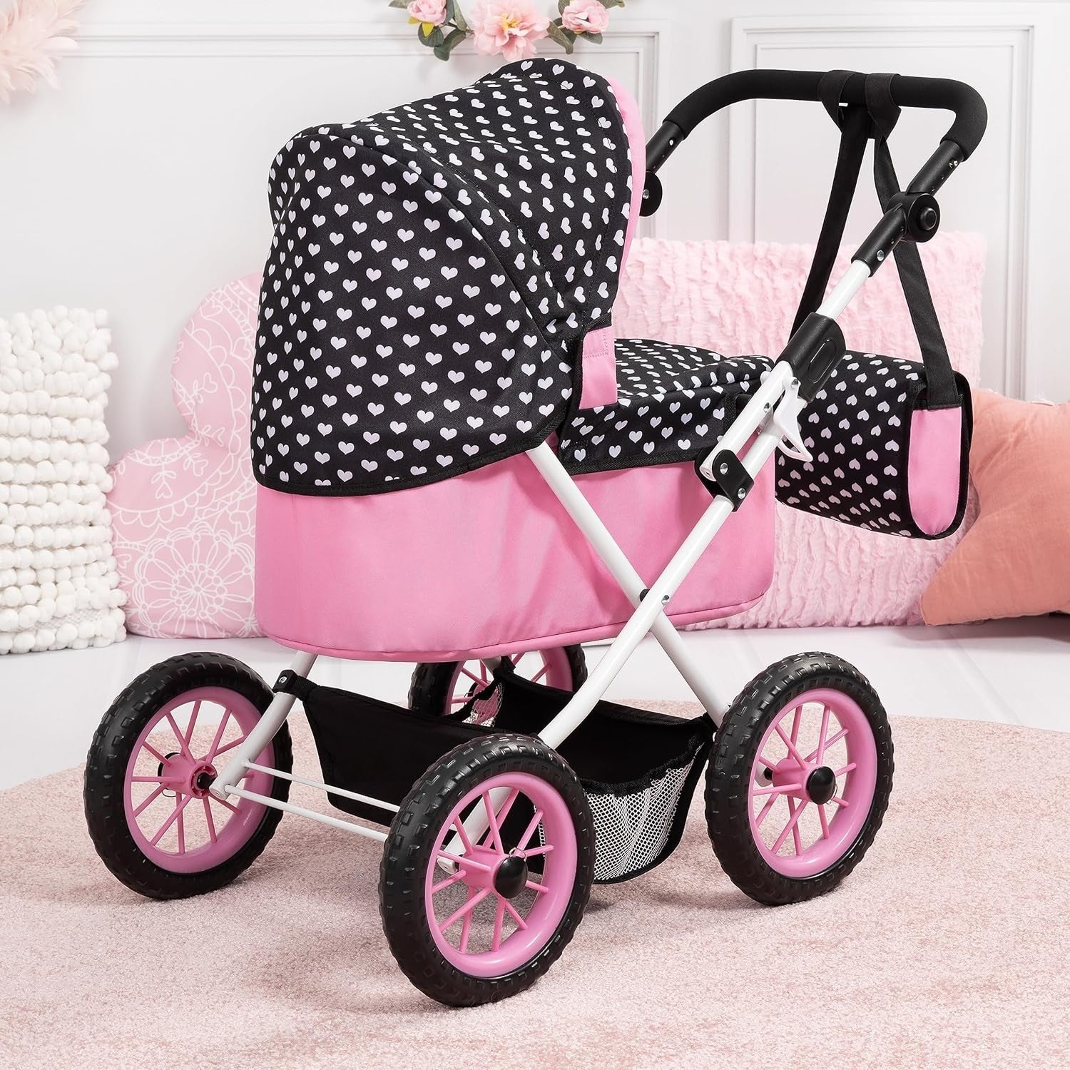 Doll Pram Pushchair Adjustable Handle Foldable with Bag Basket 46cm