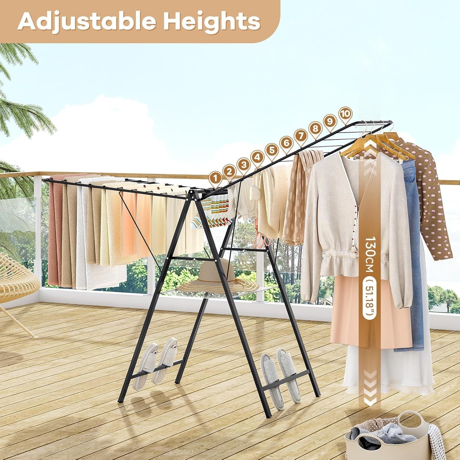 Foldable Clothes Drying Rack Height Adjustable Metal Indoor Outdoor Airer