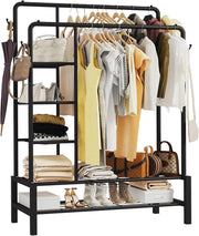 Heavy Duty Clothes Rail Black 120KG Double Hanging Rack With Shelves