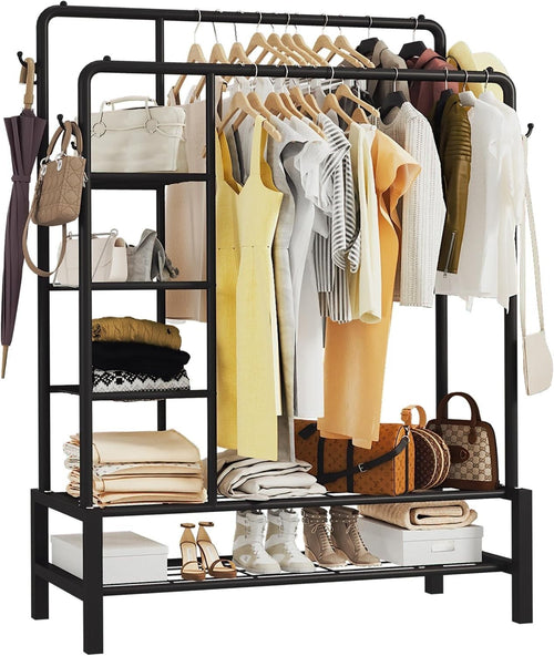 Heavy Duty Clothes Rail Black 120KG Double Hanging Rack With Shelves